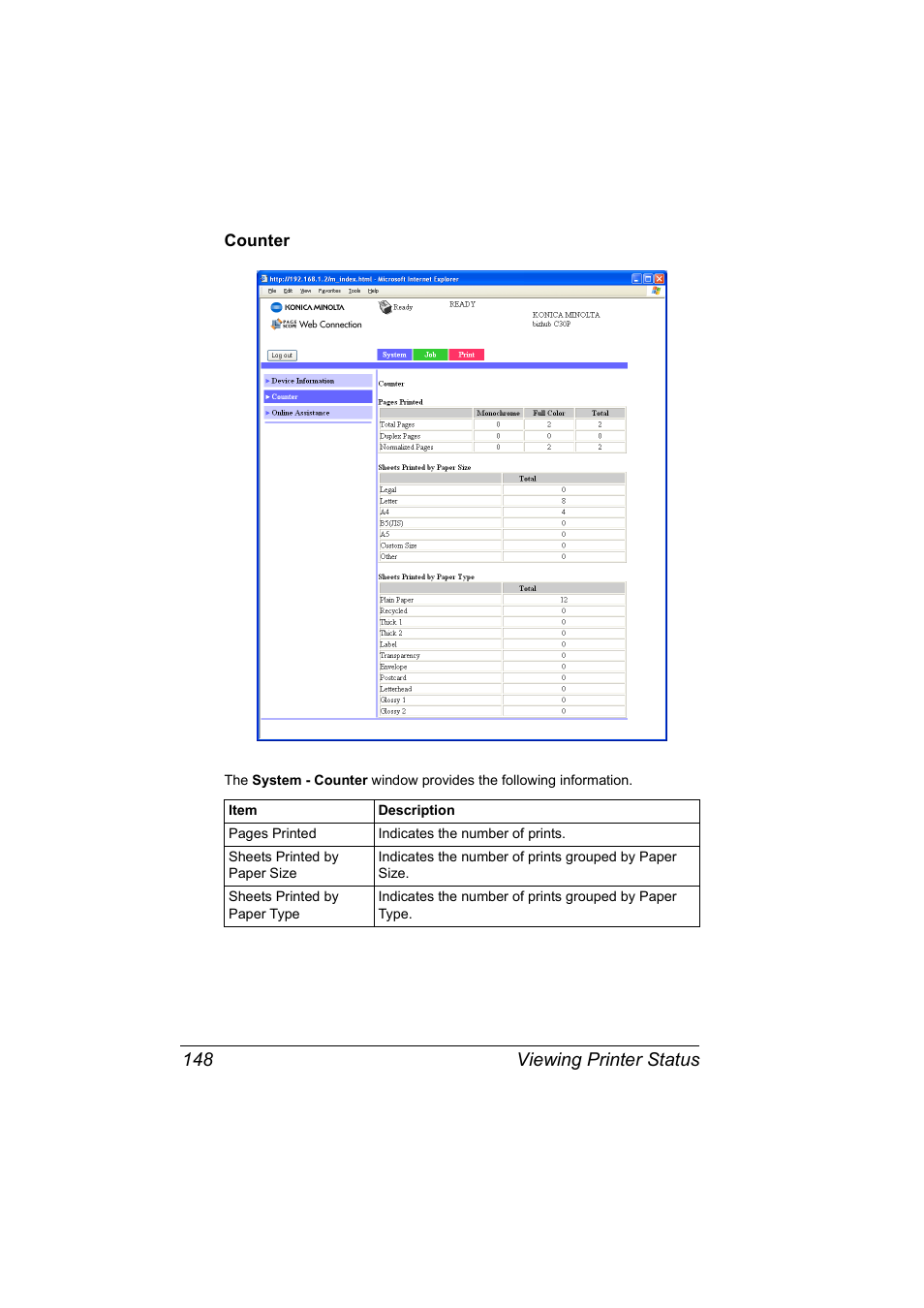 Counter, Counter 148, Viewing printer status 148 | Konica Minolta BIZHUB C30P User Manual | Page 166 / 292