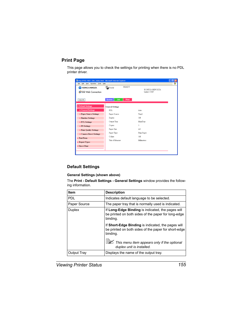 Default settings, Default settings 155 | Konica Minolta BIZHUB C30P User Manual | Page 173 / 292