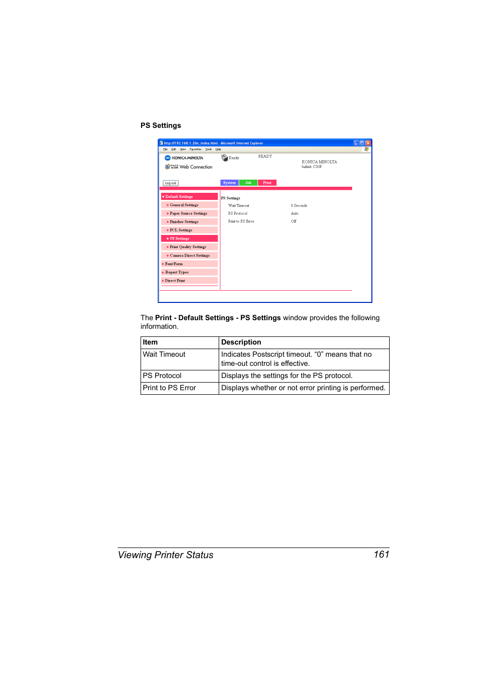 Viewing printer status 161 | Konica Minolta BIZHUB C30P User Manual | Page 179 / 292