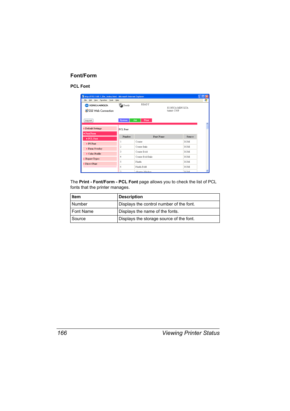 Font/form, Font/form 166, Viewing printer status 166 | Konica Minolta BIZHUB C30P User Manual | Page 184 / 292