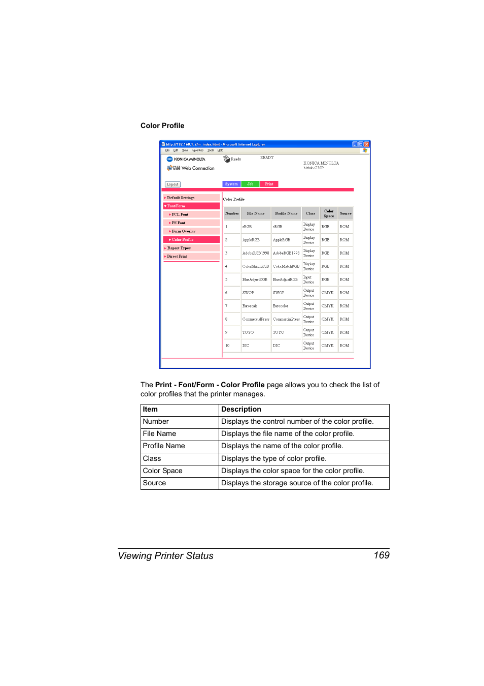 Viewing printer status 169 | Konica Minolta BIZHUB C30P User Manual | Page 187 / 292