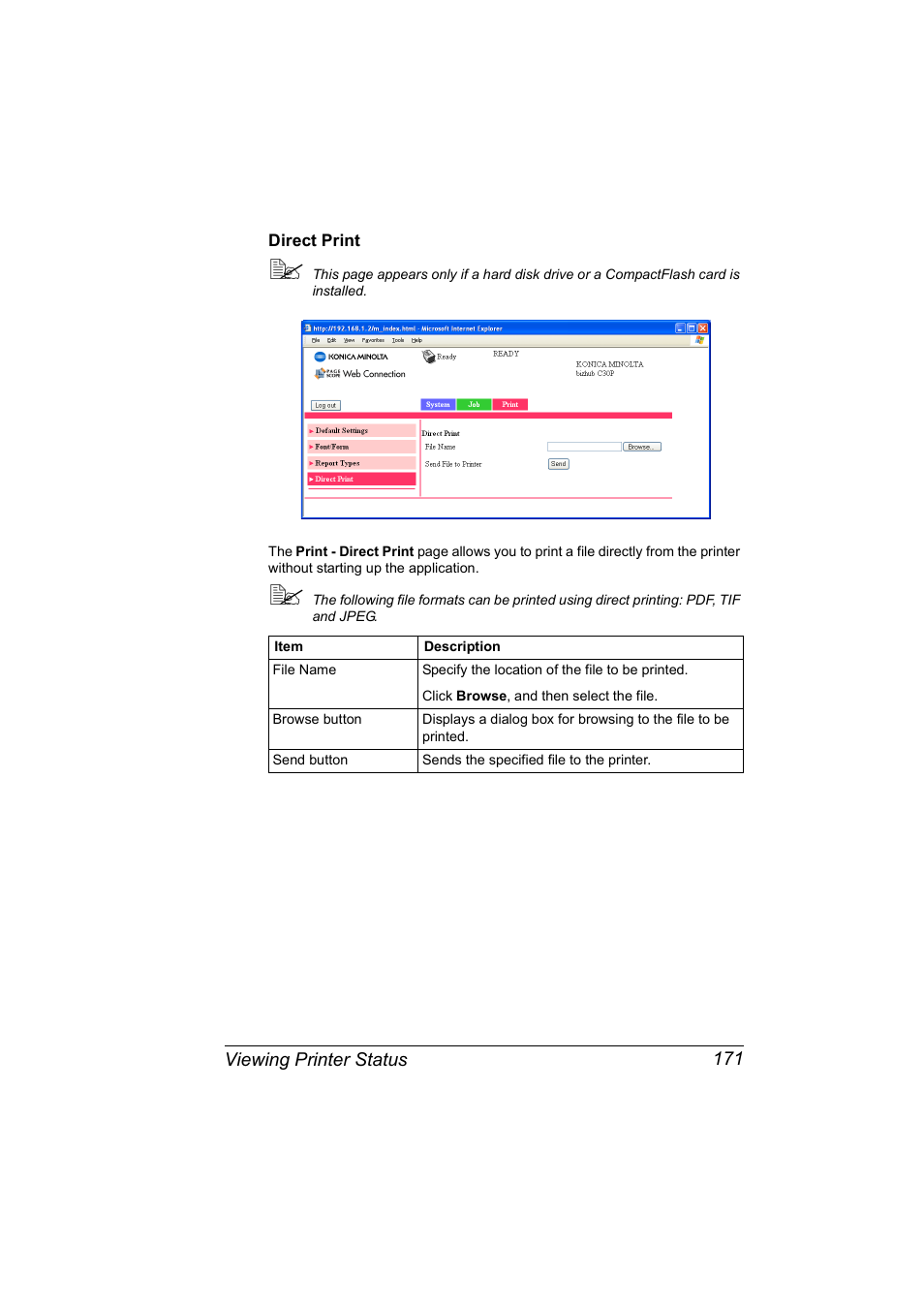 Direct print, Direct print 171 | Konica Minolta BIZHUB C30P User Manual | Page 189 / 292