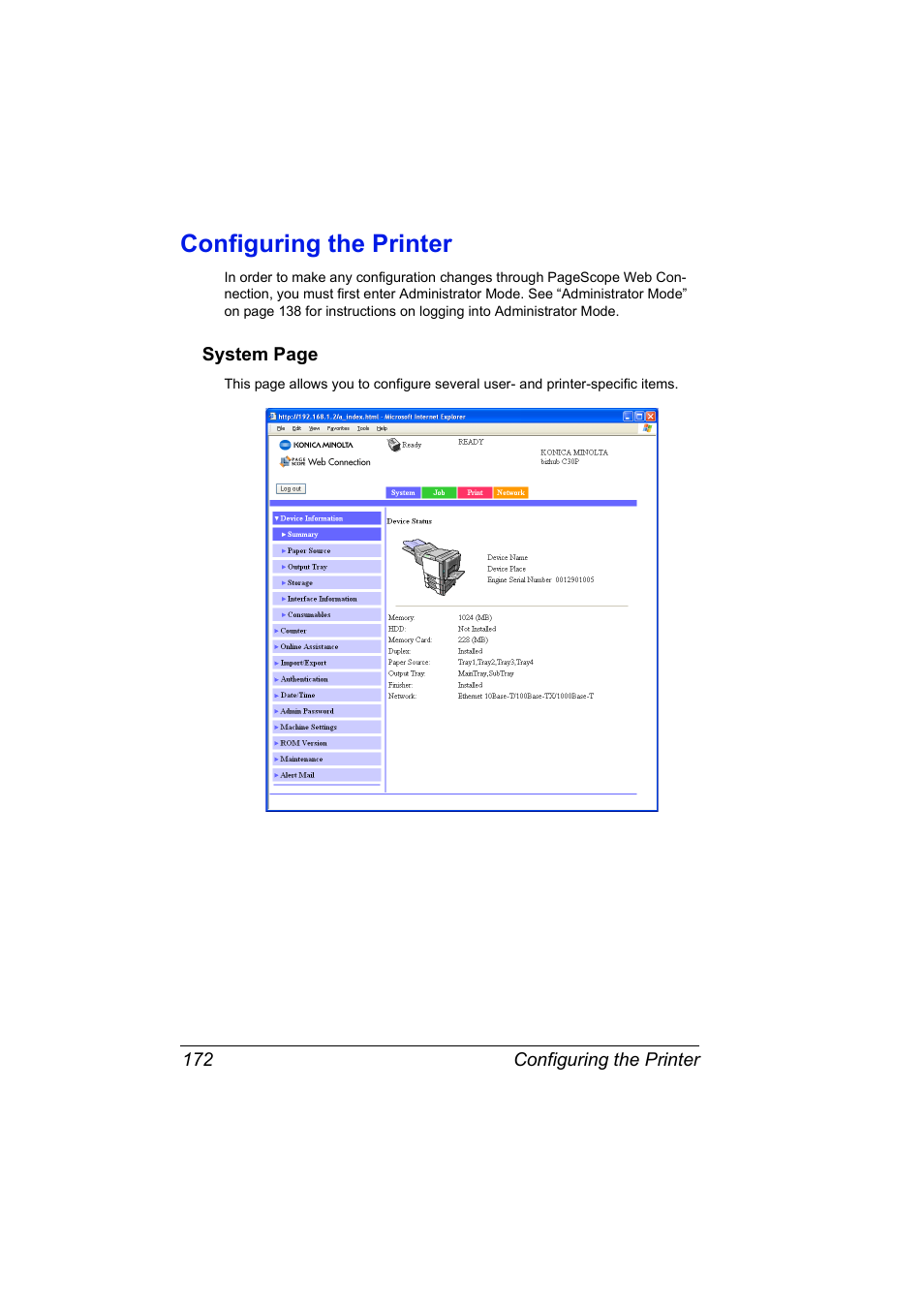 Configuring the printer, Configuring the printer 172 | Konica Minolta BIZHUB C30P User Manual | Page 190 / 292