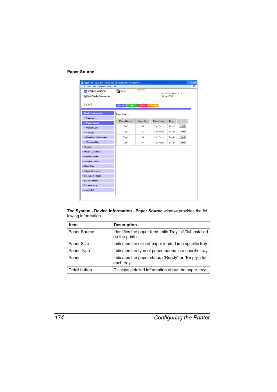 Configuring the printer 174 | Konica Minolta BIZHUB C30P User Manual | Page 192 / 292