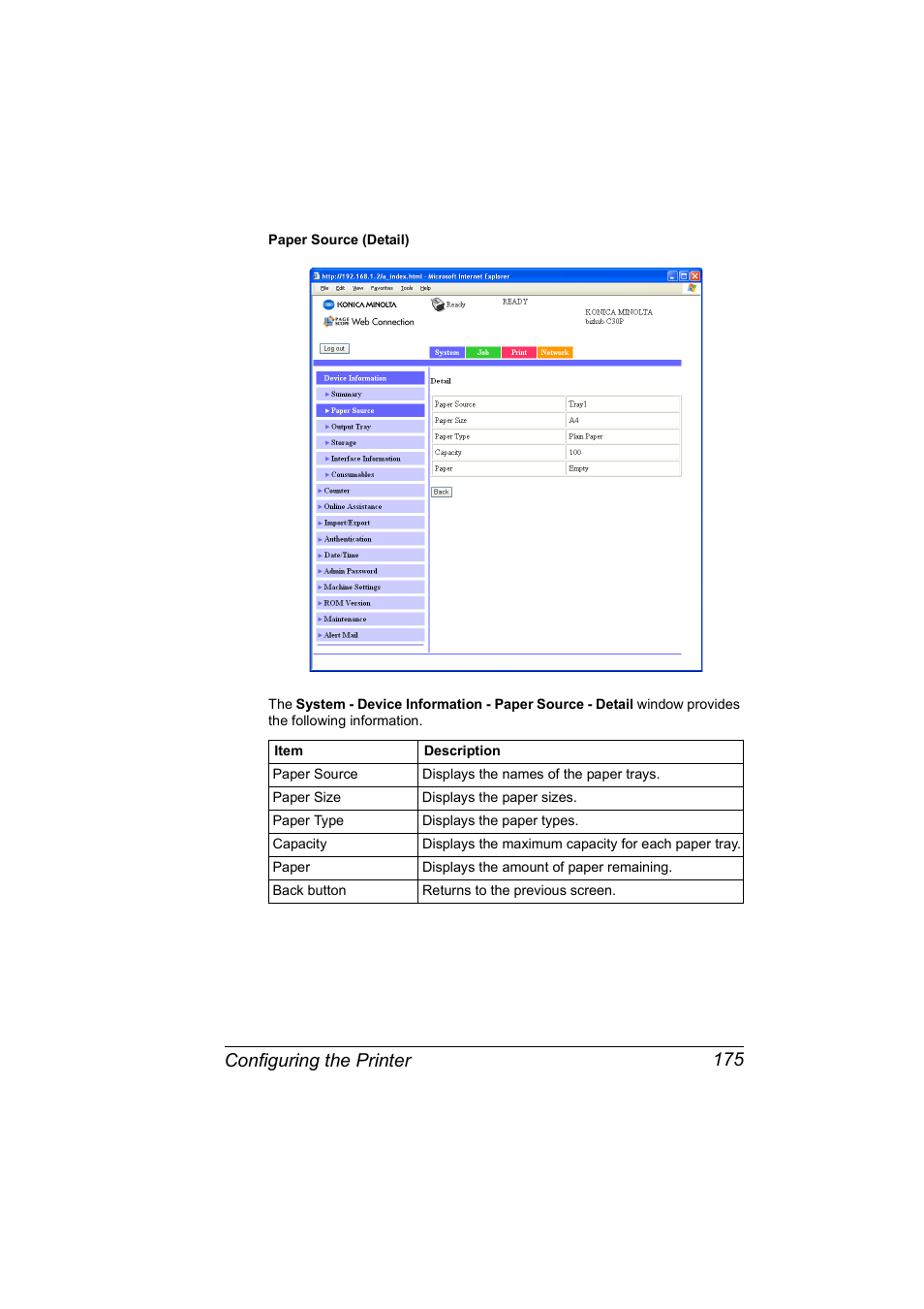 Configuring the printer 175 | Konica Minolta BIZHUB C30P User Manual | Page 193 / 292