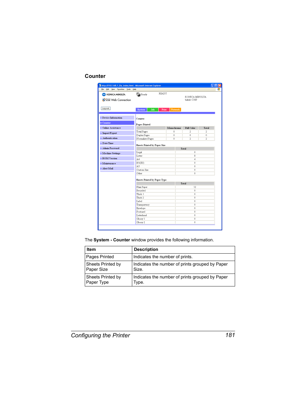Counter, Counter 181, Configuring the printer 181 | Konica Minolta BIZHUB C30P User Manual | Page 199 / 292