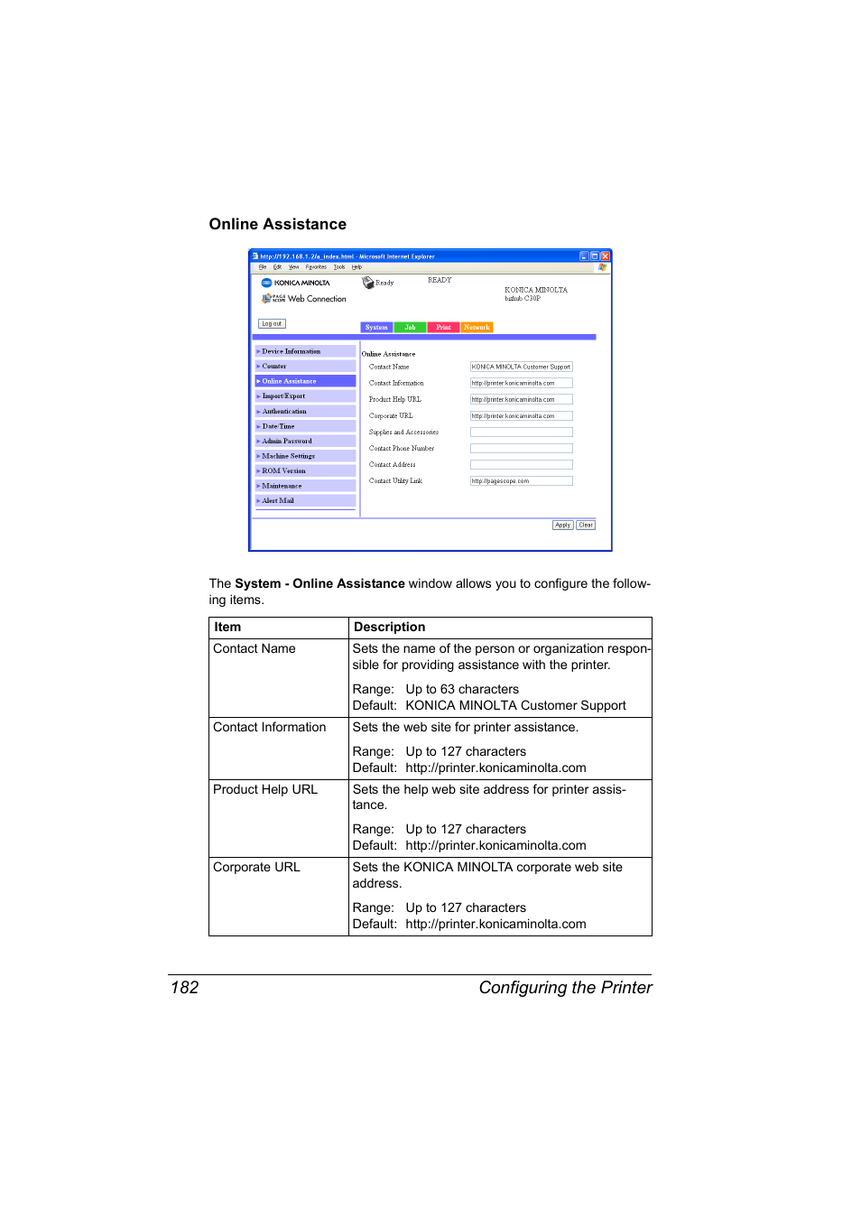 Online assistance, Online assistance 182, Configuring the printer 182 | Konica Minolta BIZHUB C30P User Manual | Page 200 / 292