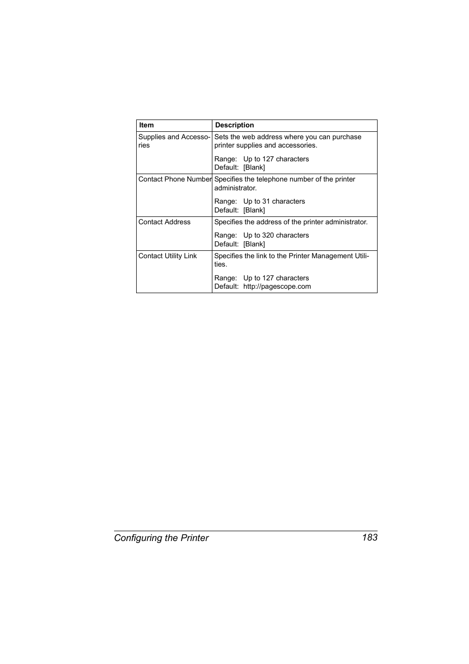 Configuring the printer 183 | Konica Minolta BIZHUB C30P User Manual | Page 201 / 292