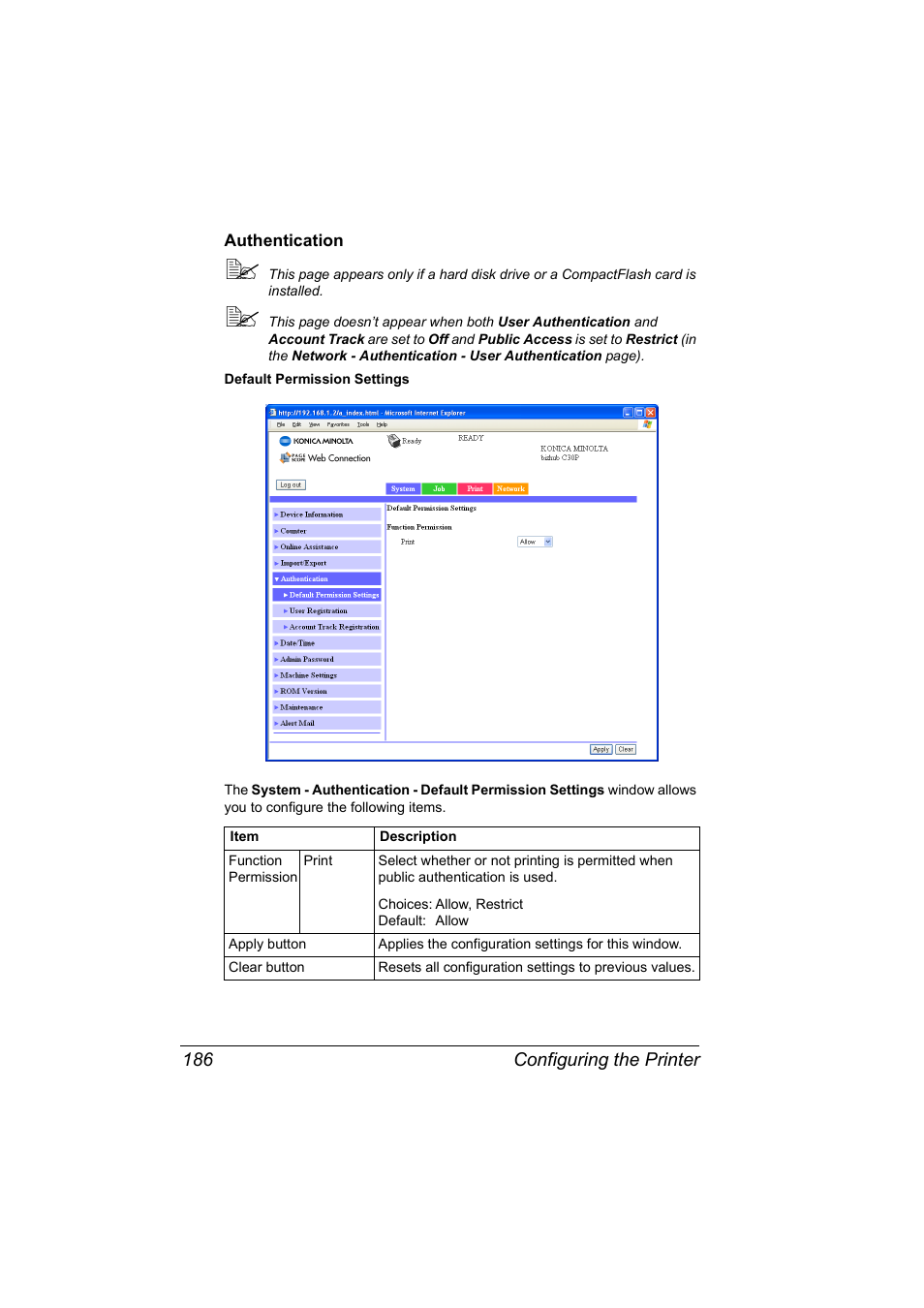 Authentication, Authentication 186 | Konica Minolta BIZHUB C30P User Manual | Page 204 / 292