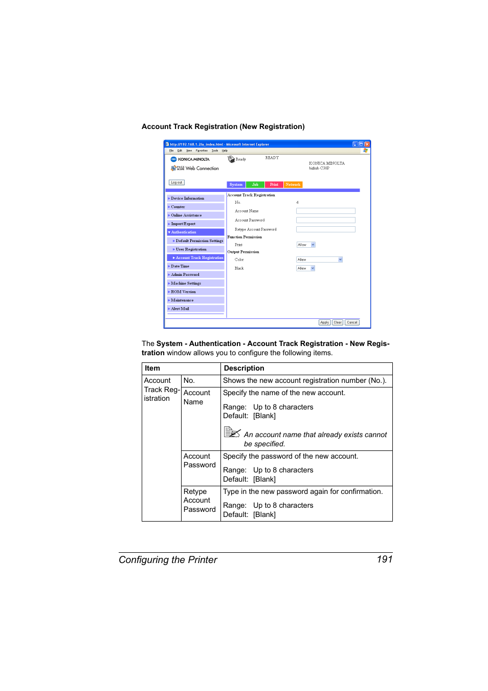 Configuring the printer 191 | Konica Minolta BIZHUB C30P User Manual | Page 209 / 292