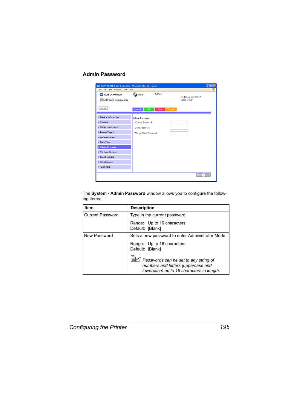 Admin password, Admin password 195 | Konica Minolta BIZHUB C30P User Manual | Page 213 / 292