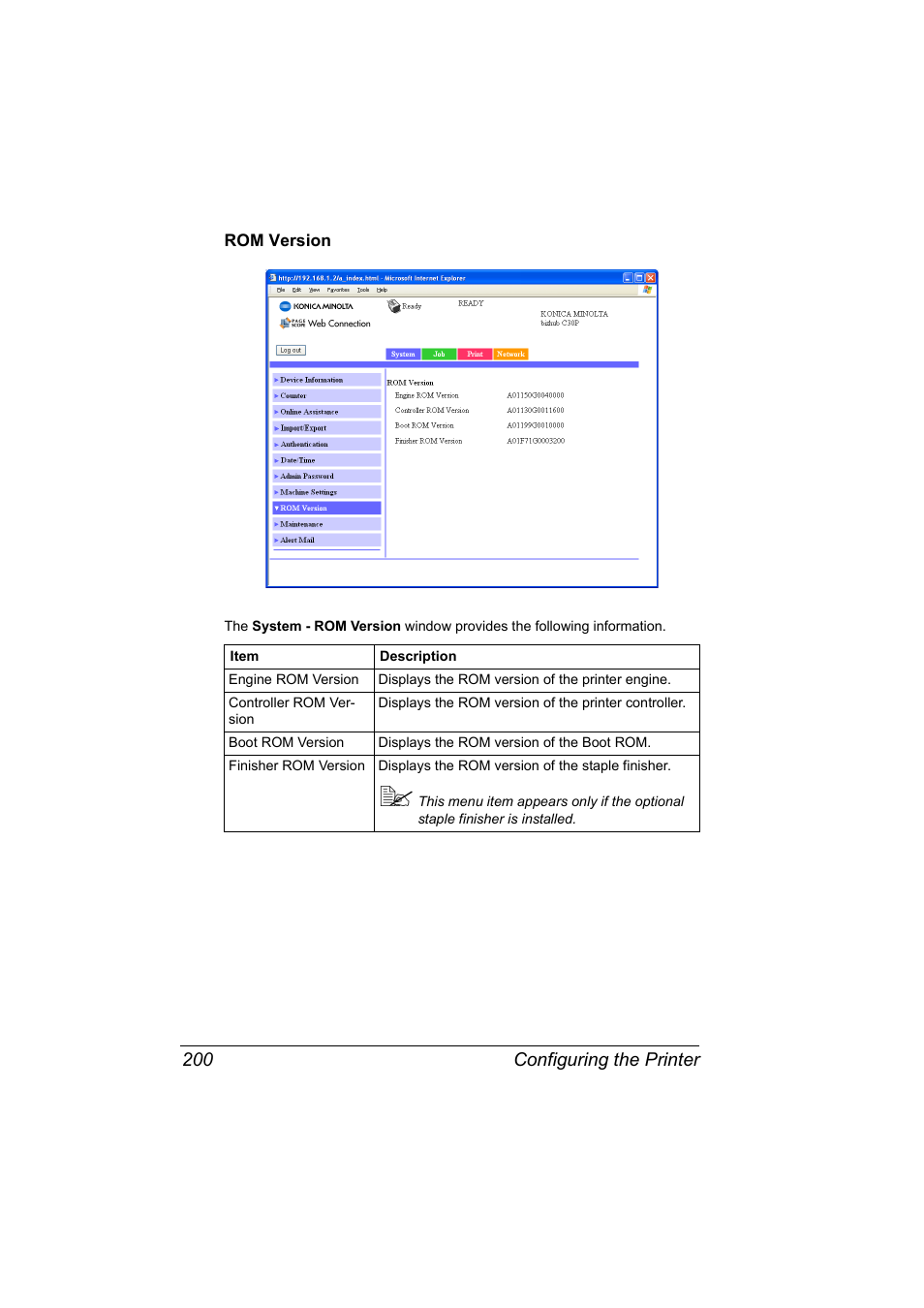 Rom version, Rom version 200 | Konica Minolta BIZHUB C30P User Manual | Page 218 / 292