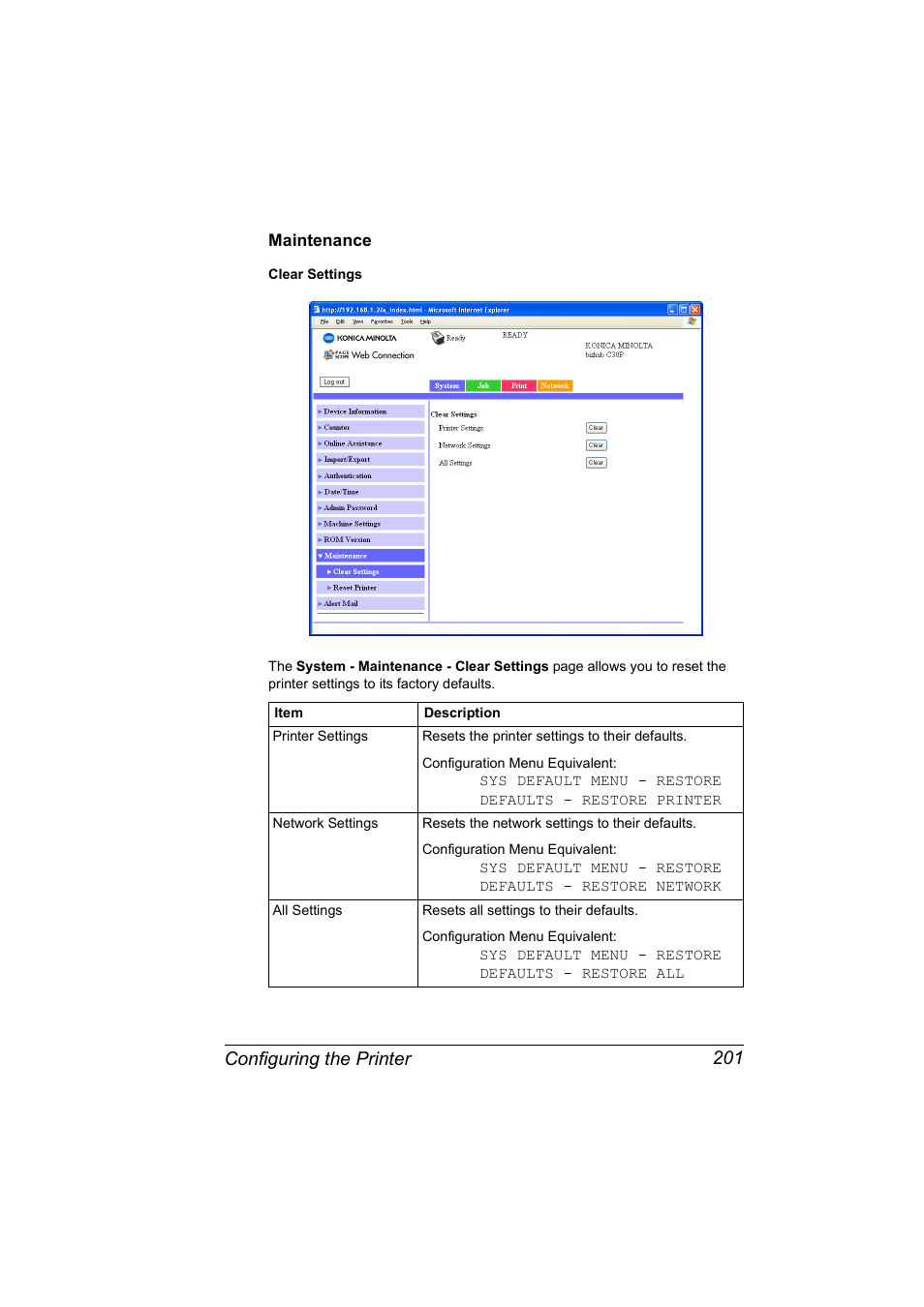 Maintenance, Maintenance 201, Configuring the printer 201 | Konica Minolta BIZHUB C30P User Manual | Page 219 / 292