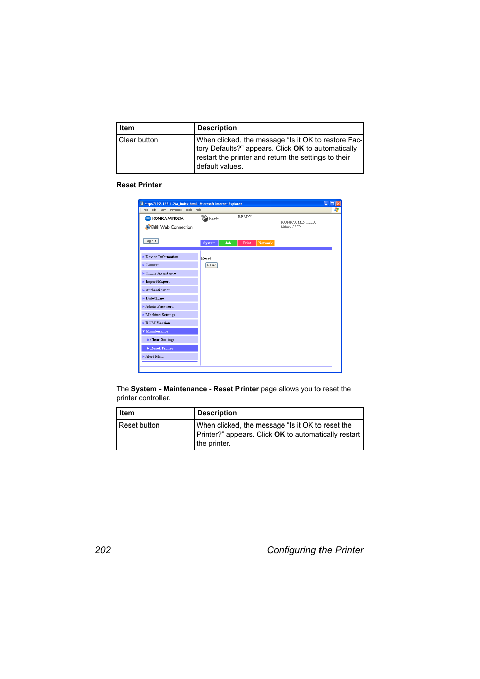 Configuring the printer 202 | Konica Minolta BIZHUB C30P User Manual | Page 220 / 292