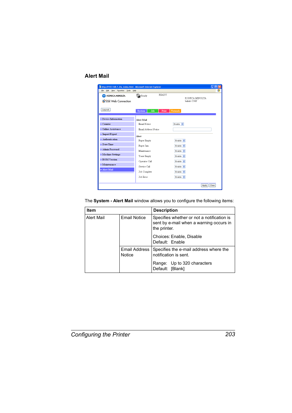 Alert mail, Alert mail 203, Configuring the printer 203 | Konica Minolta BIZHUB C30P User Manual | Page 221 / 292