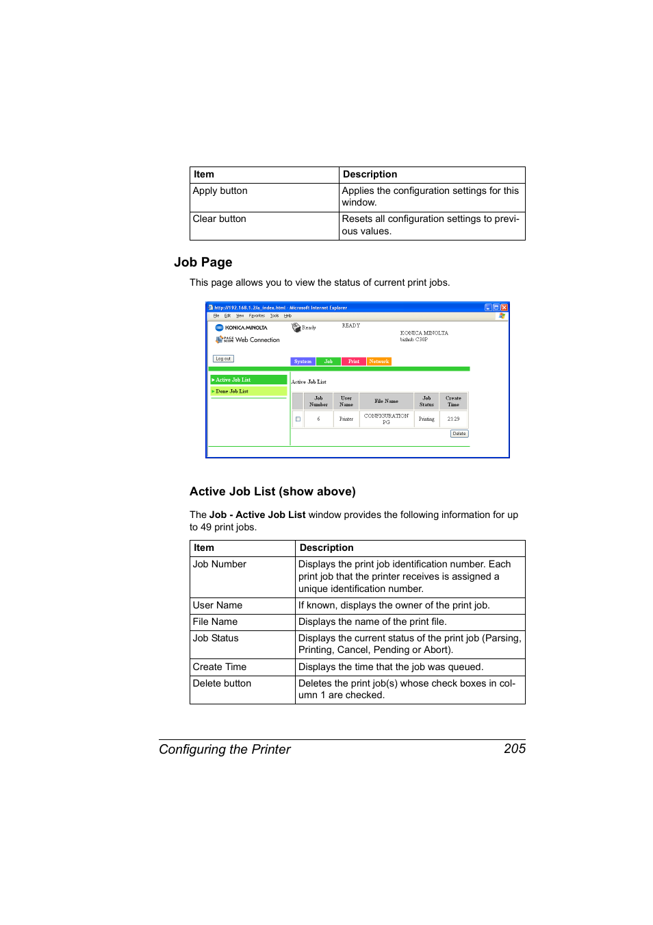 Active job list (show above), Active job list (show above) 205, Configuring the printer 205 job page | Konica Minolta BIZHUB C30P User Manual | Page 223 / 292