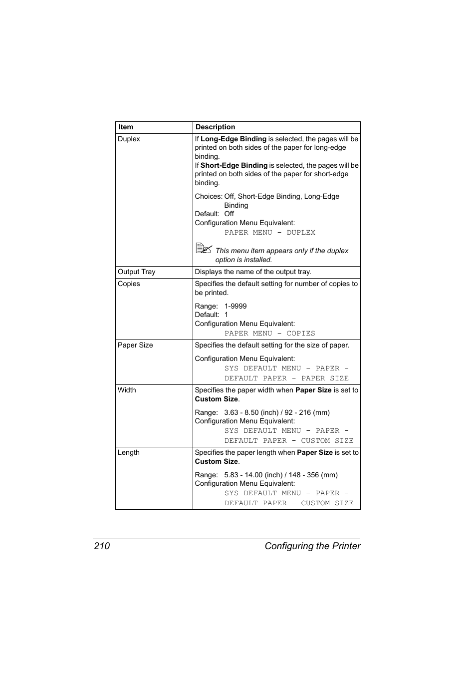 Configuring the printer 210 | Konica Minolta BIZHUB C30P User Manual | Page 228 / 292