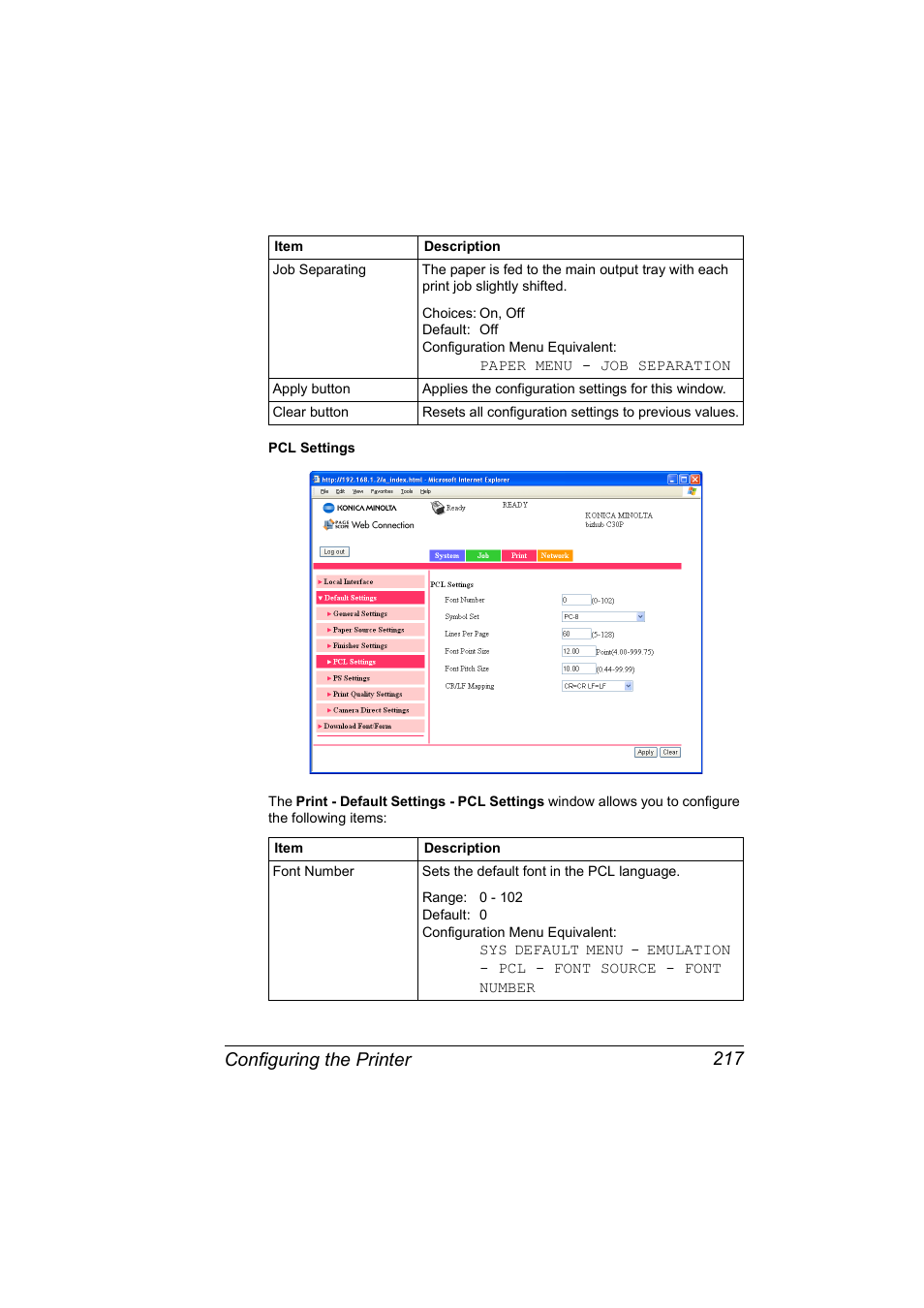 Configuring the printer 217 | Konica Minolta BIZHUB C30P User Manual | Page 235 / 292