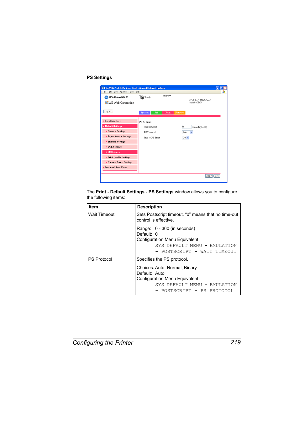 Configuring the printer 219 | Konica Minolta BIZHUB C30P User Manual | Page 237 / 292