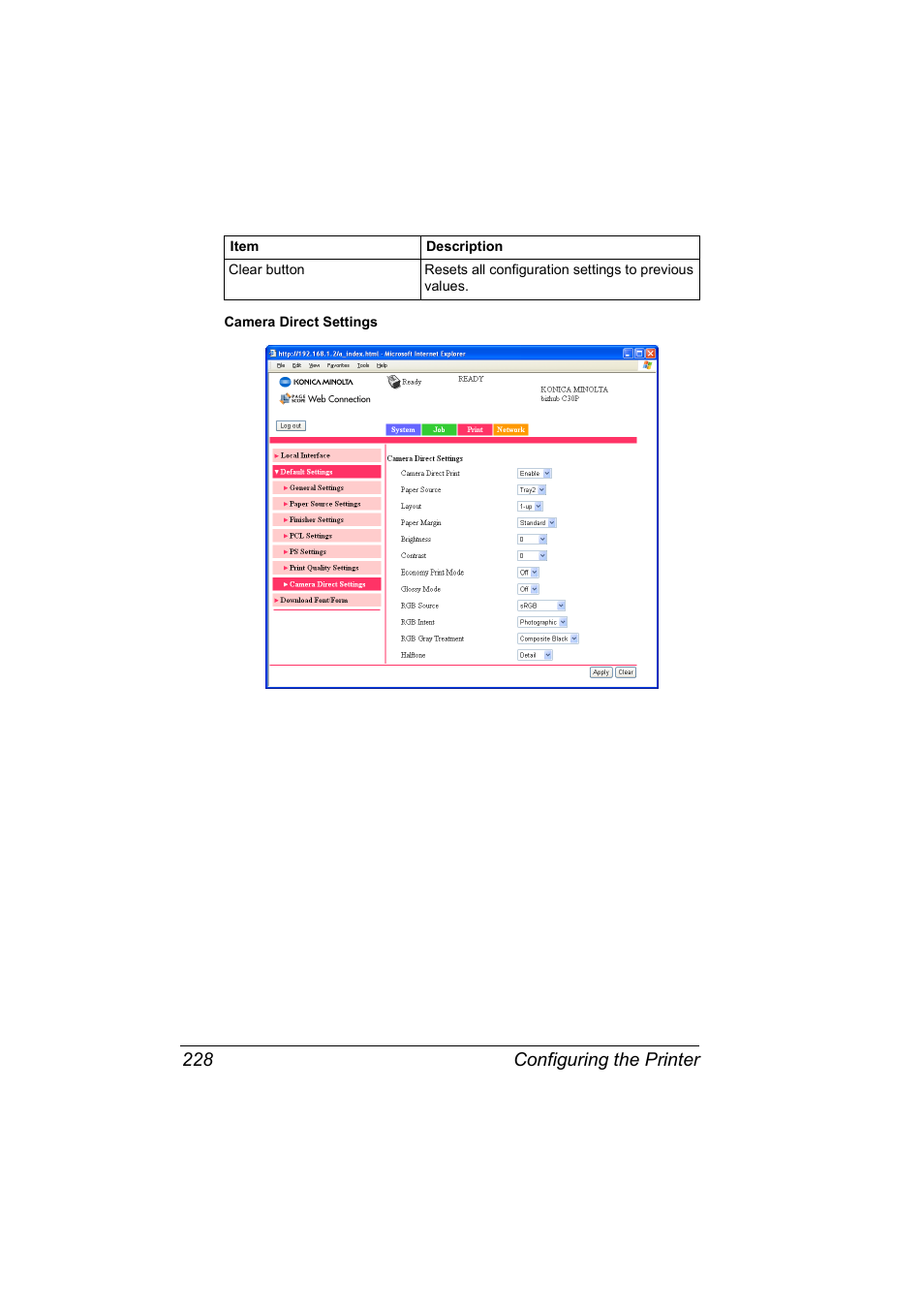 Configuring the printer 228 | Konica Minolta BIZHUB C30P User Manual | Page 246 / 292