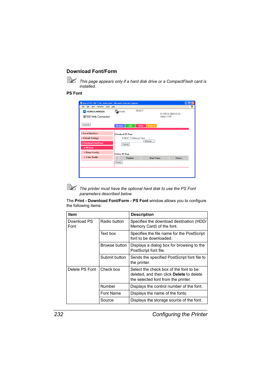 Download font/form, Download font/form 232, Configuring the printer 232 | Konica Minolta BIZHUB C30P User Manual | Page 250 / 292