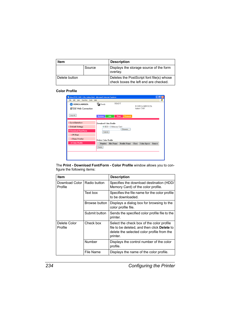 Configuring the printer 234 | Konica Minolta BIZHUB C30P User Manual | Page 252 / 292