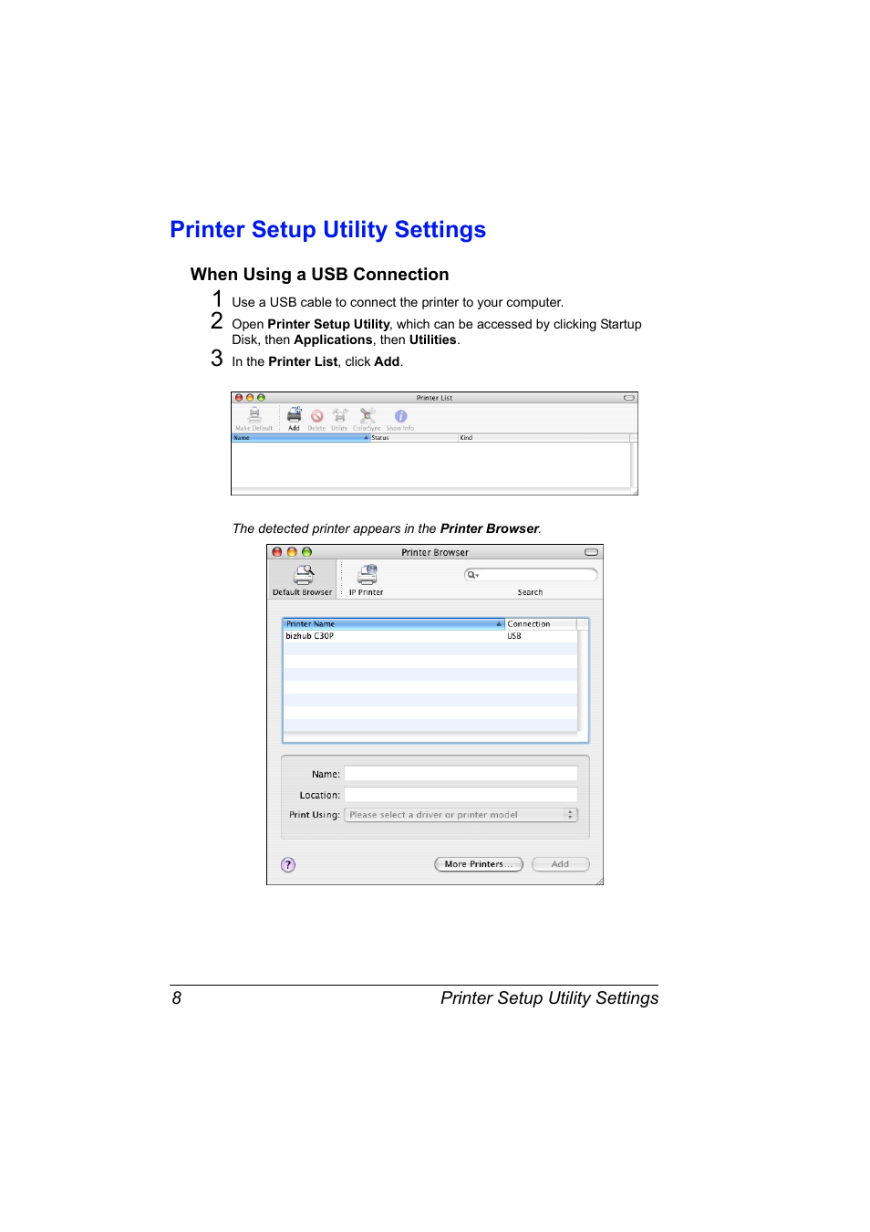 Printer setup utility settings, When using a usb connection, Printer setup utility settings 8 | When using a usb connection 8 | Konica Minolta BIZHUB C30P User Manual | Page 26 / 292