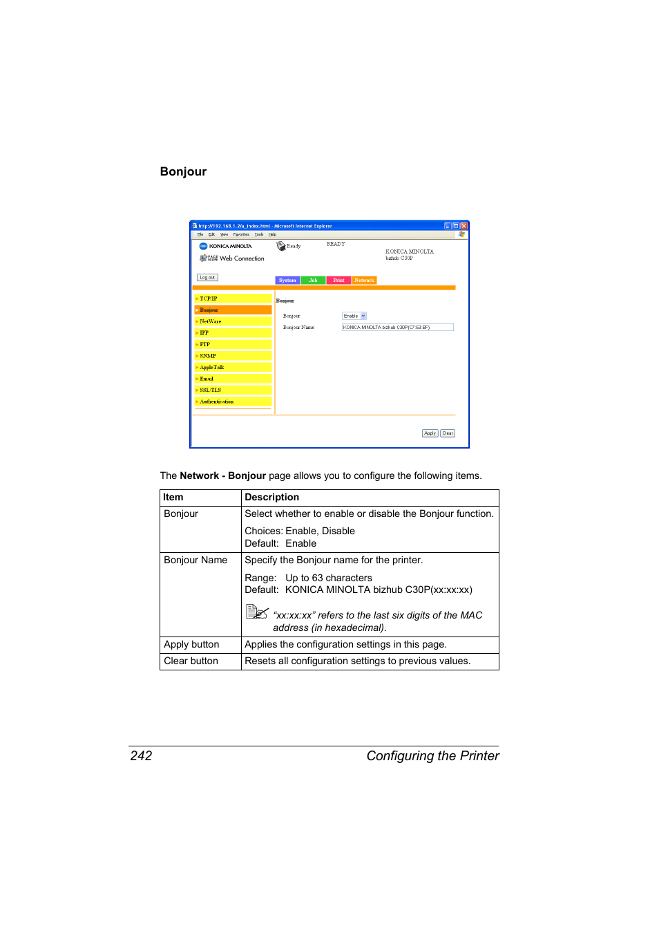 Bonjour, Bonjour 242, Configuring the printer 242 | Konica Minolta BIZHUB C30P User Manual | Page 260 / 292