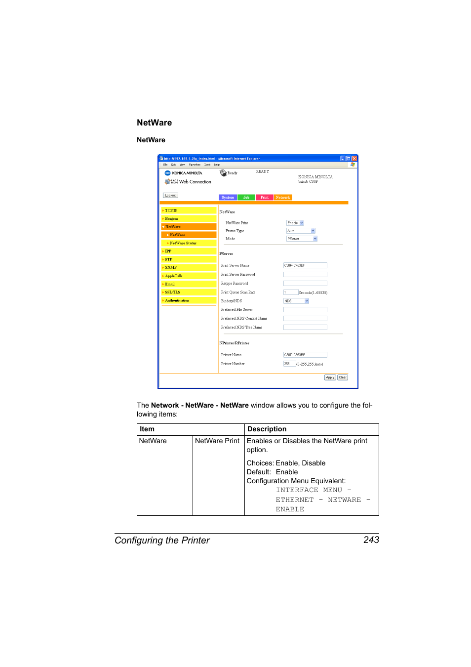 Netware, Netware 243, Configuring the printer 243 | Konica Minolta BIZHUB C30P User Manual | Page 261 / 292