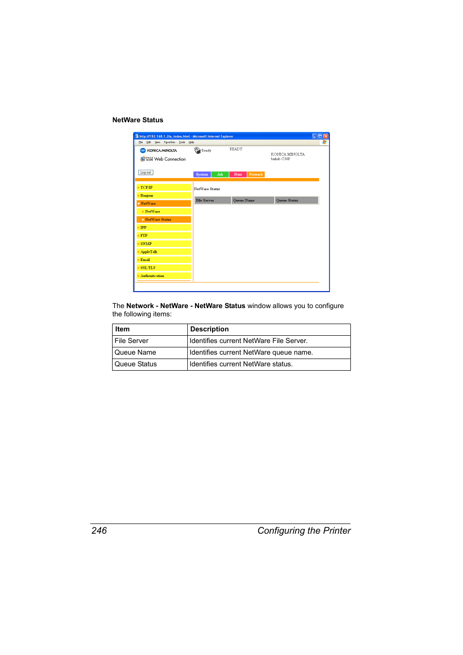 Configuring the printer 246 | Konica Minolta BIZHUB C30P User Manual | Page 264 / 292