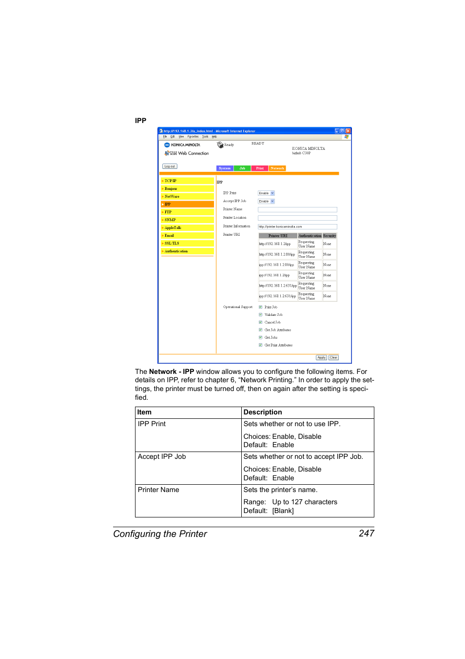 Configuring the printer 247 | Konica Minolta BIZHUB C30P User Manual | Page 265 / 292