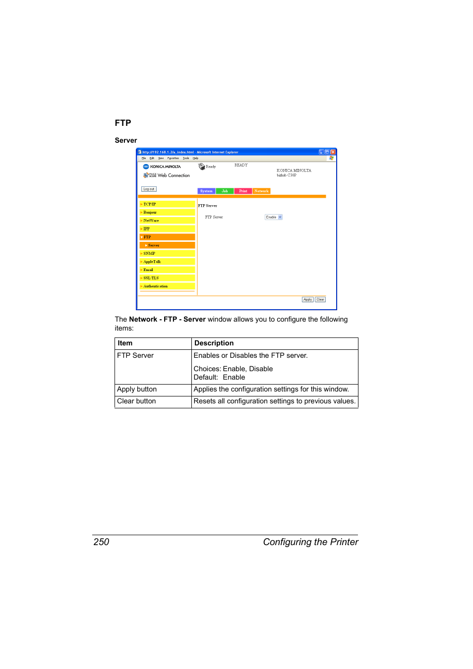 Ftp 250, Configuring the printer 250 | Konica Minolta BIZHUB C30P User Manual | Page 268 / 292