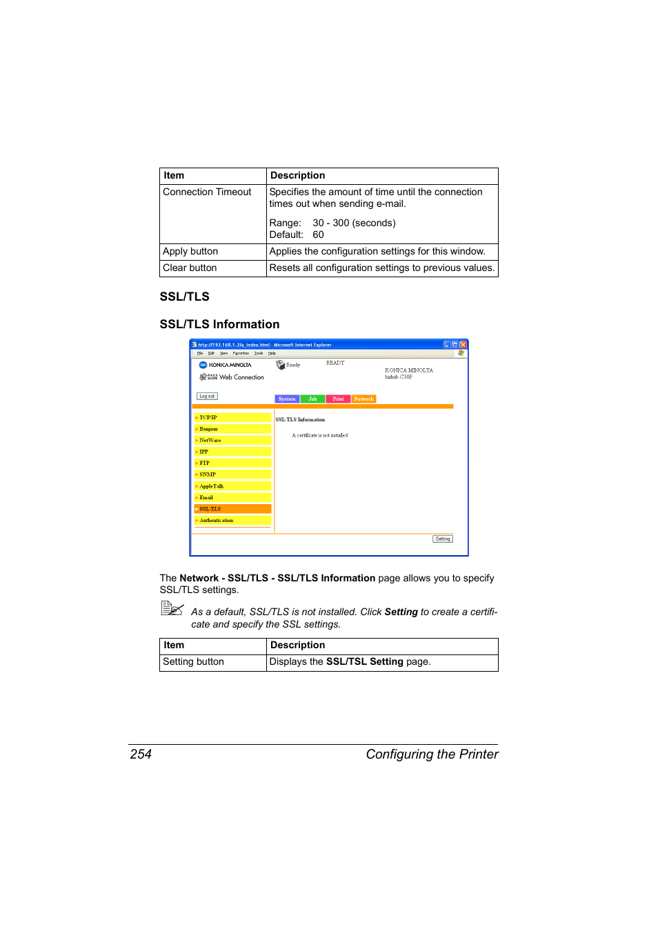 Ssl/tls, Ssl/tls information, Ssl/tls 254 ssl/tls information 254 | Configuring the printer 254 | Konica Minolta BIZHUB C30P User Manual | Page 272 / 292