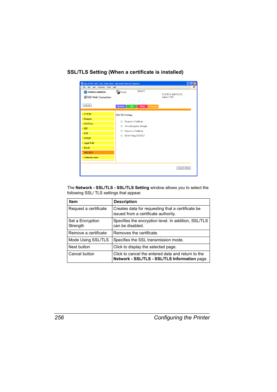 Ssl/tls setting (when a certificate is installed), Configuring the printer 256 | Konica Minolta BIZHUB C30P User Manual | Page 274 / 292