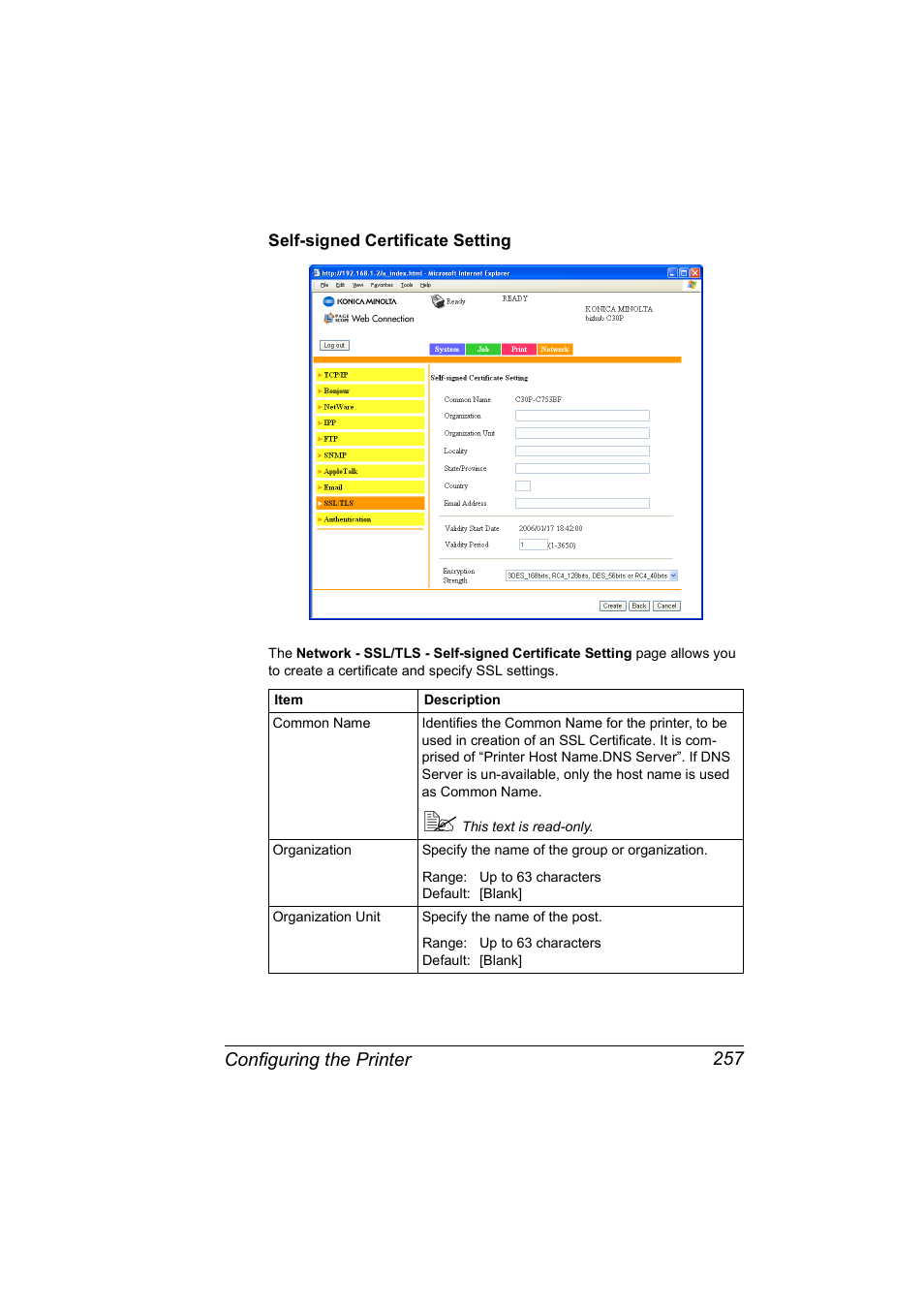 Self-signed certificate setting, Self-signed certificate setting 257 | Konica Minolta BIZHUB C30P User Manual | Page 275 / 292