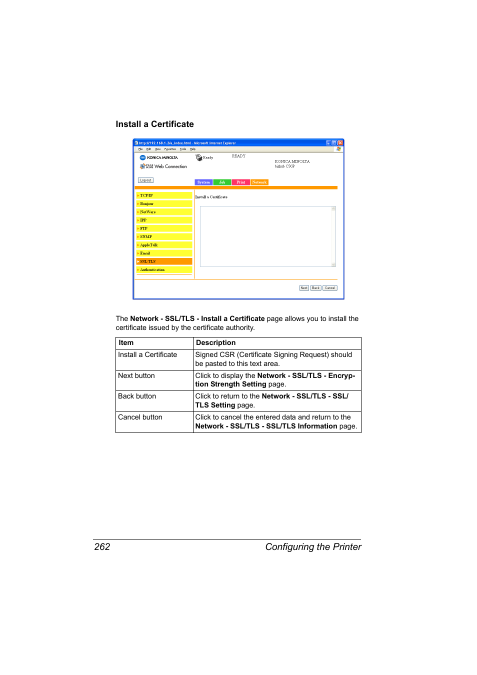 Install a certificate, Install a certificate 262, Configuring the printer 262 | Konica Minolta BIZHUB C30P User Manual | Page 280 / 292