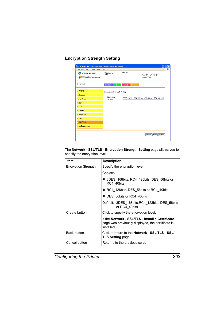 Encryption strength setting, Encryption strength setting 263, Configuring the printer 263 | Konica Minolta BIZHUB C30P User Manual | Page 281 / 292