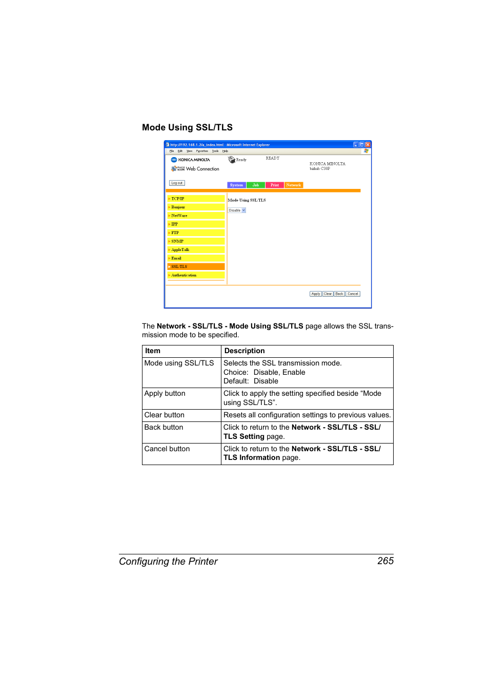 Mode using ssl/tls, Mode using ssl/tls 265, Configuring the printer 265 | Konica Minolta BIZHUB C30P User Manual | Page 283 / 292