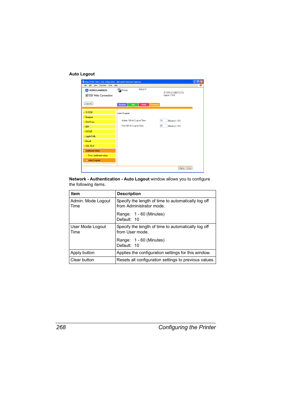 Configuring the printer 268 | Konica Minolta BIZHUB C30P User Manual | Page 286 / 292