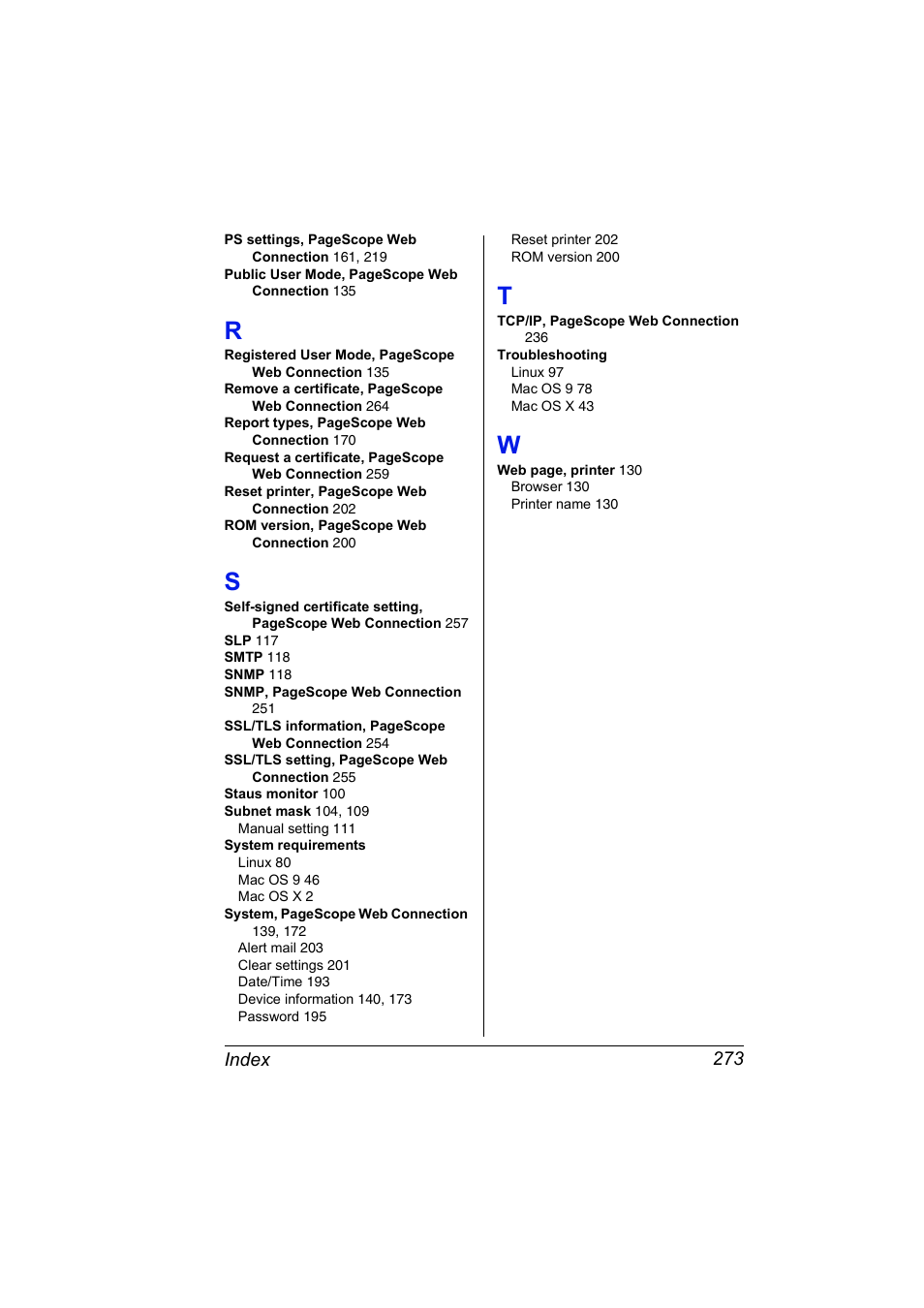R to w, Index 273 | Konica Minolta BIZHUB C30P User Manual | Page 291 / 292