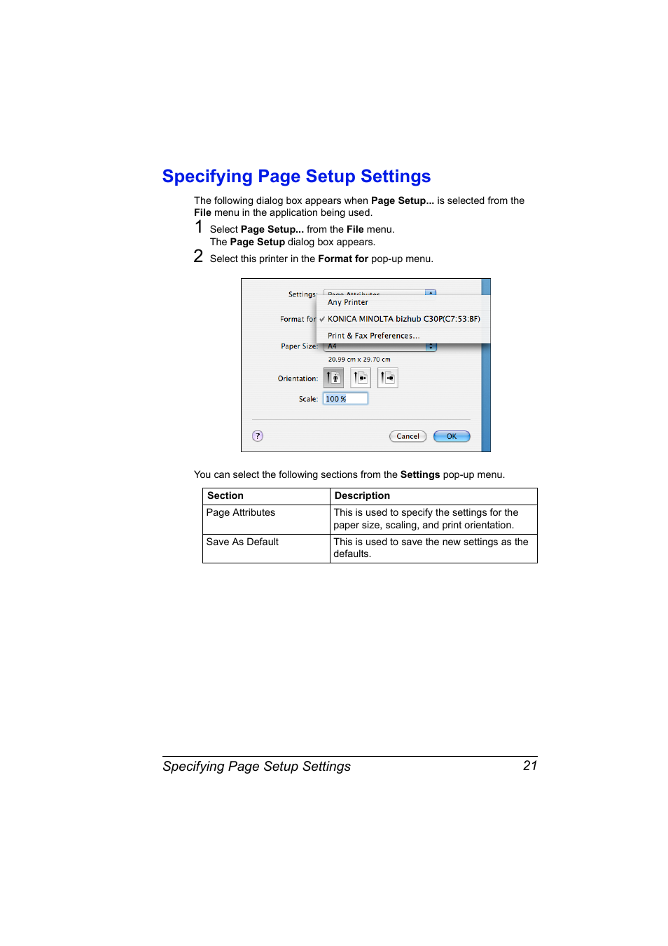 Specifying page setup settings | Konica Minolta BIZHUB C30P User Manual | Page 39 / 292