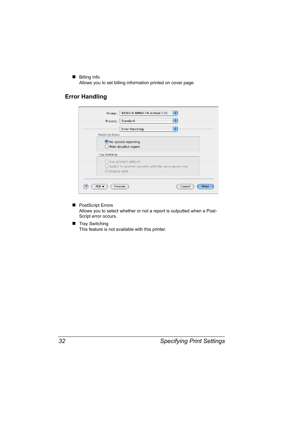 Error handling, Error handling 32 | Konica Minolta BIZHUB C30P User Manual | Page 50 / 292