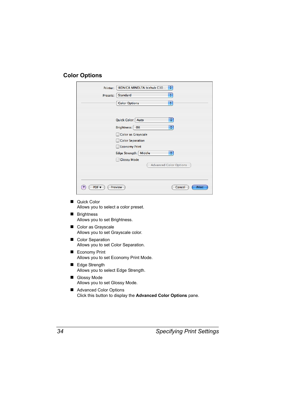 Color options, Color options 34, Specifying print settings 34 color options | Konica Minolta BIZHUB C30P User Manual | Page 52 / 292