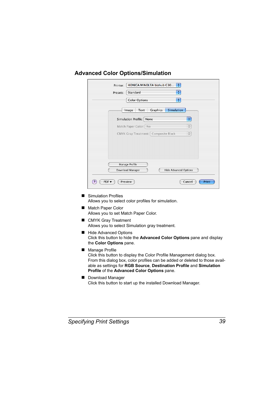 Advanced color options/simulation, Advanced color options/simulation 39 | Konica Minolta BIZHUB C30P User Manual | Page 57 / 292