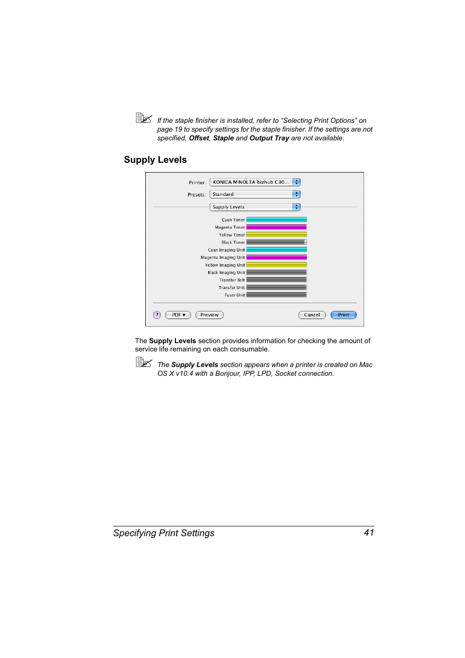 Supply levels, Supply levels 41 | Konica Minolta BIZHUB C30P User Manual | Page 59 / 292