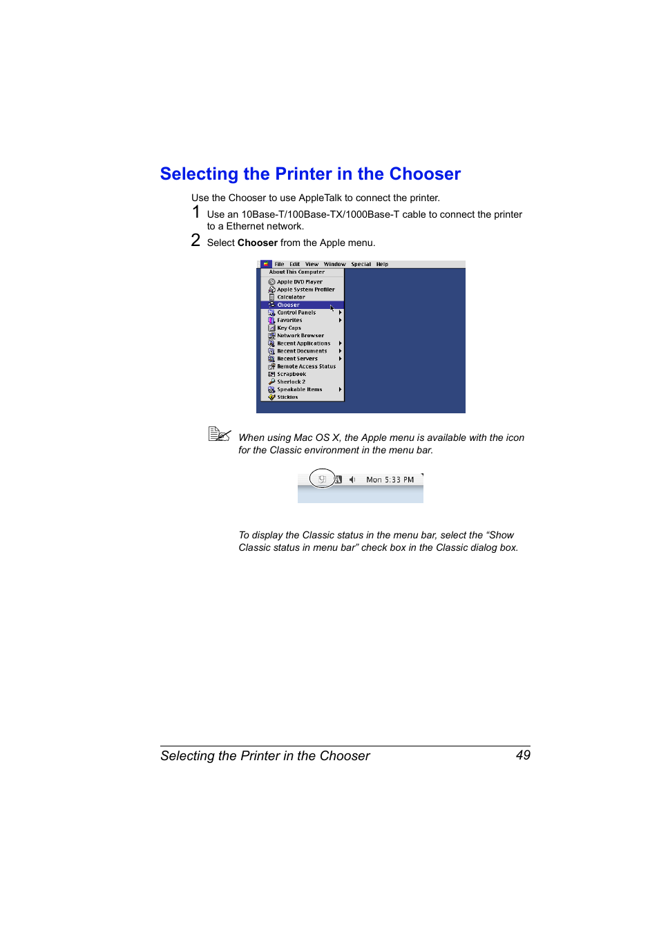 Selecting the printer in the chooser, Selecting the printer in the chooser 49 | Konica Minolta BIZHUB C30P User Manual | Page 67 / 292