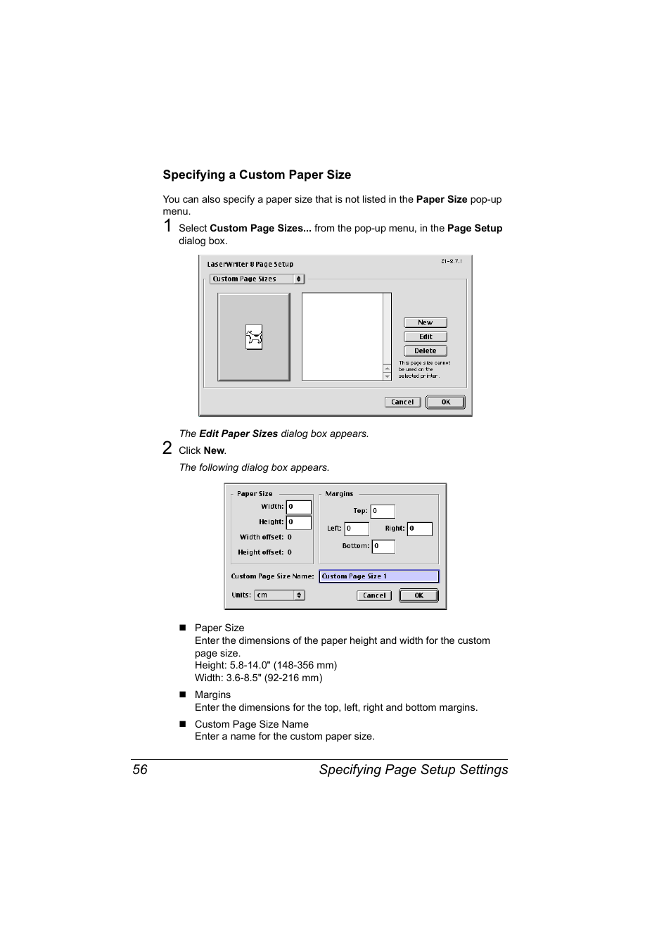 Specifying a custom paper size, Specifying a custom paper size 56 | Konica Minolta BIZHUB C30P User Manual | Page 74 / 292