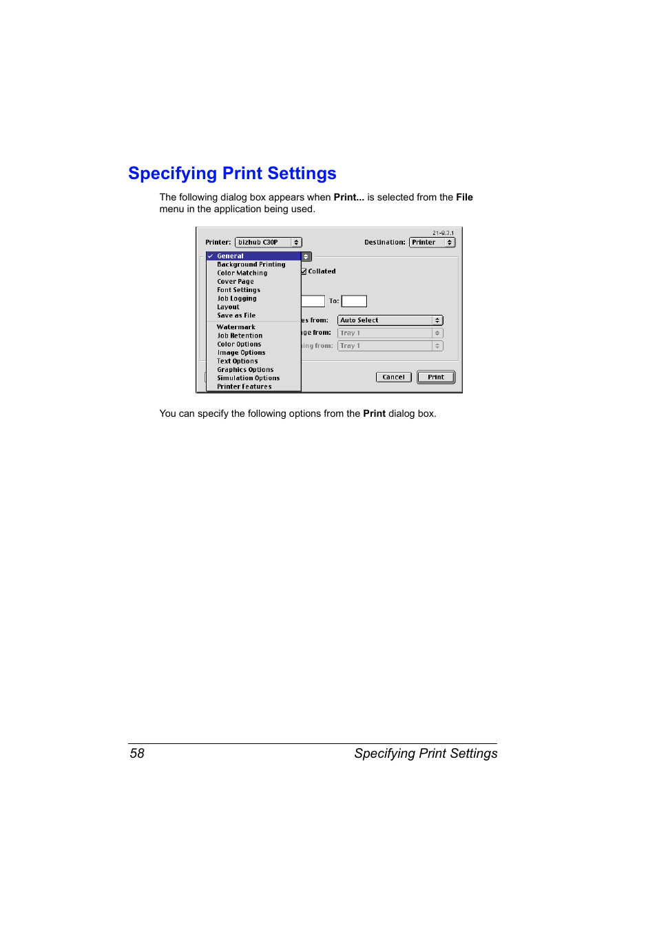 Specifying print settings, Specifying print settings 58 | Konica Minolta BIZHUB C30P User Manual | Page 76 / 292