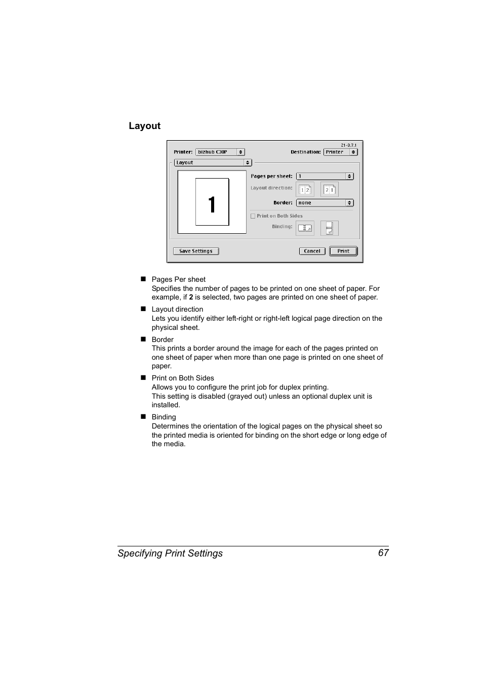Layout, Layout 67, Specifying print settings 67 layout | Konica Minolta BIZHUB C30P User Manual | Page 85 / 292