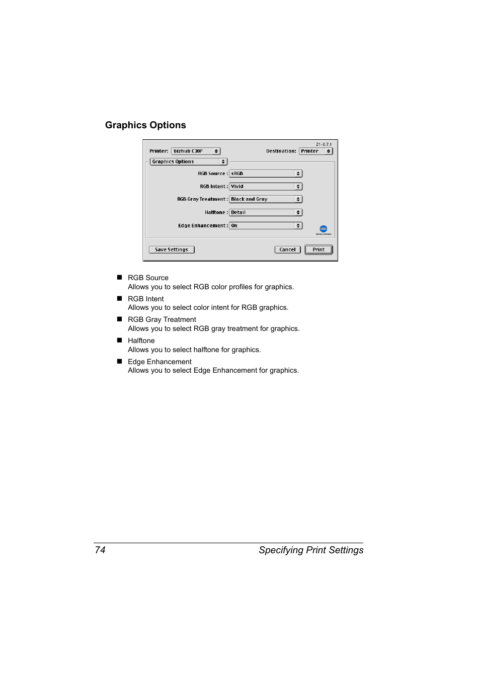 Graphics options, Graphics options 74, Specifying print settings 74 graphics options | Konica Minolta BIZHUB C30P User Manual | Page 92 / 292